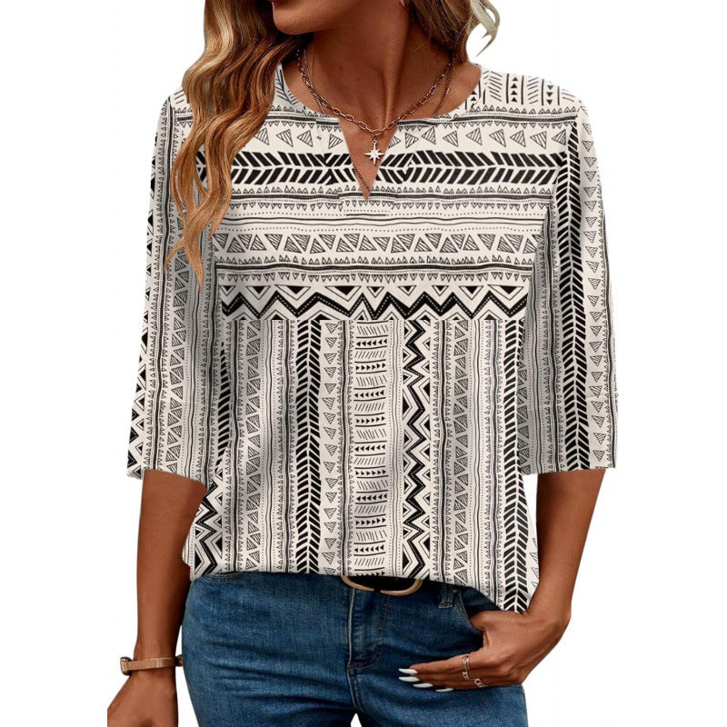 Retro V-neck Elegant Loose-Fitting Mid-sleeve Casual Shirt