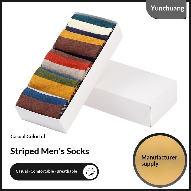 Calcetines de algodón por encima de la rodilla para hombre con rayas de colores: un básico de moda para otoño e invierno.