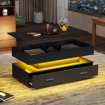 Mesa de centro con elevación hidráulica, mesas de centro LED con almacenamiento para sala de estar, mesa de centro con 2 cajones y luz LED para comedor y sala de recepción, color negro