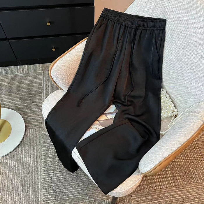 Pantalones de satén jacquard de pierna ancha de seda de hielo estilo chino para mujer