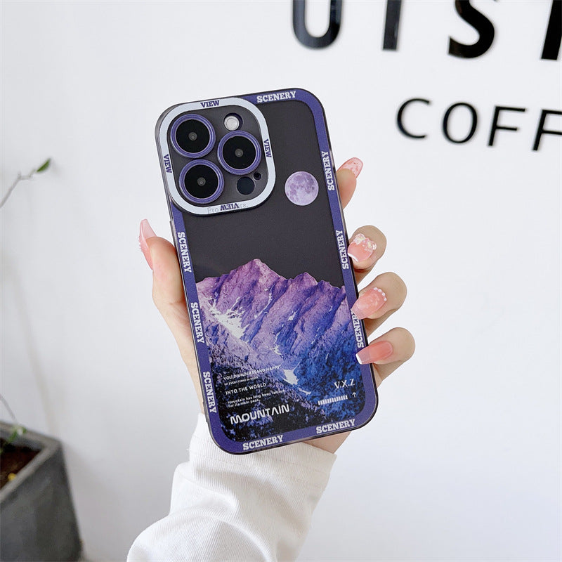 Nueva funda morada oscura para Apple 14 con paisaje de montaña