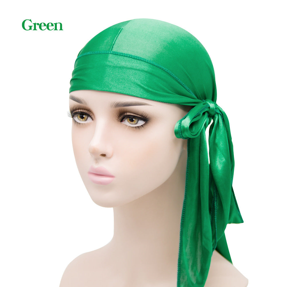 Gorro pirata elástico de cola larga de satén unisex y turbante hip hop para hombre y mujer, bandana elástica para disfraz y moda.