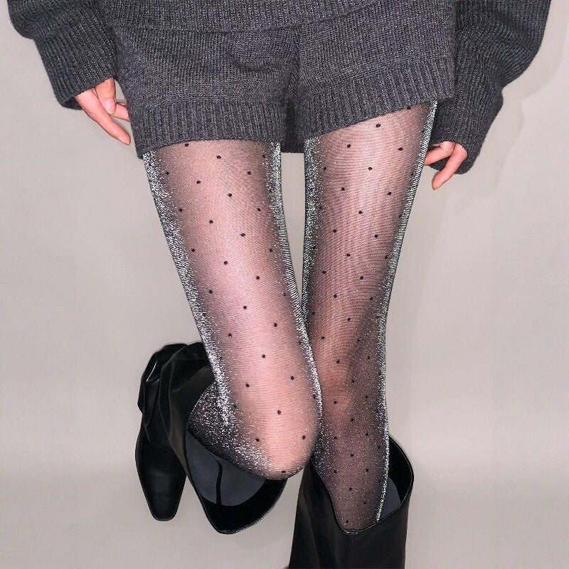 Polka-dot Black Silk Stockings With Shimmering Pearly Silver Thread