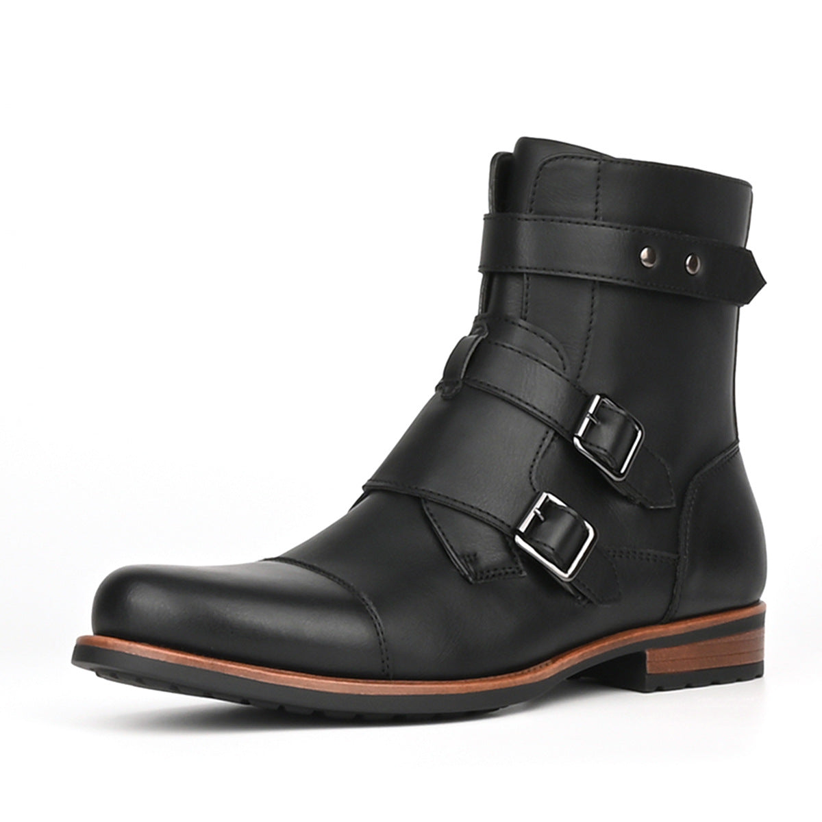Botas vaqueras minimalistas vintage para hombre, de tacón bajo, con cremallera lateral y hebilla metálica