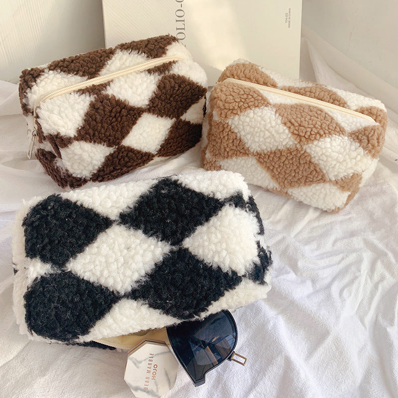 Estuche para lápices de felpa a cuadros con diseño de nicho, bolsa de almacenamiento de gran capacidad