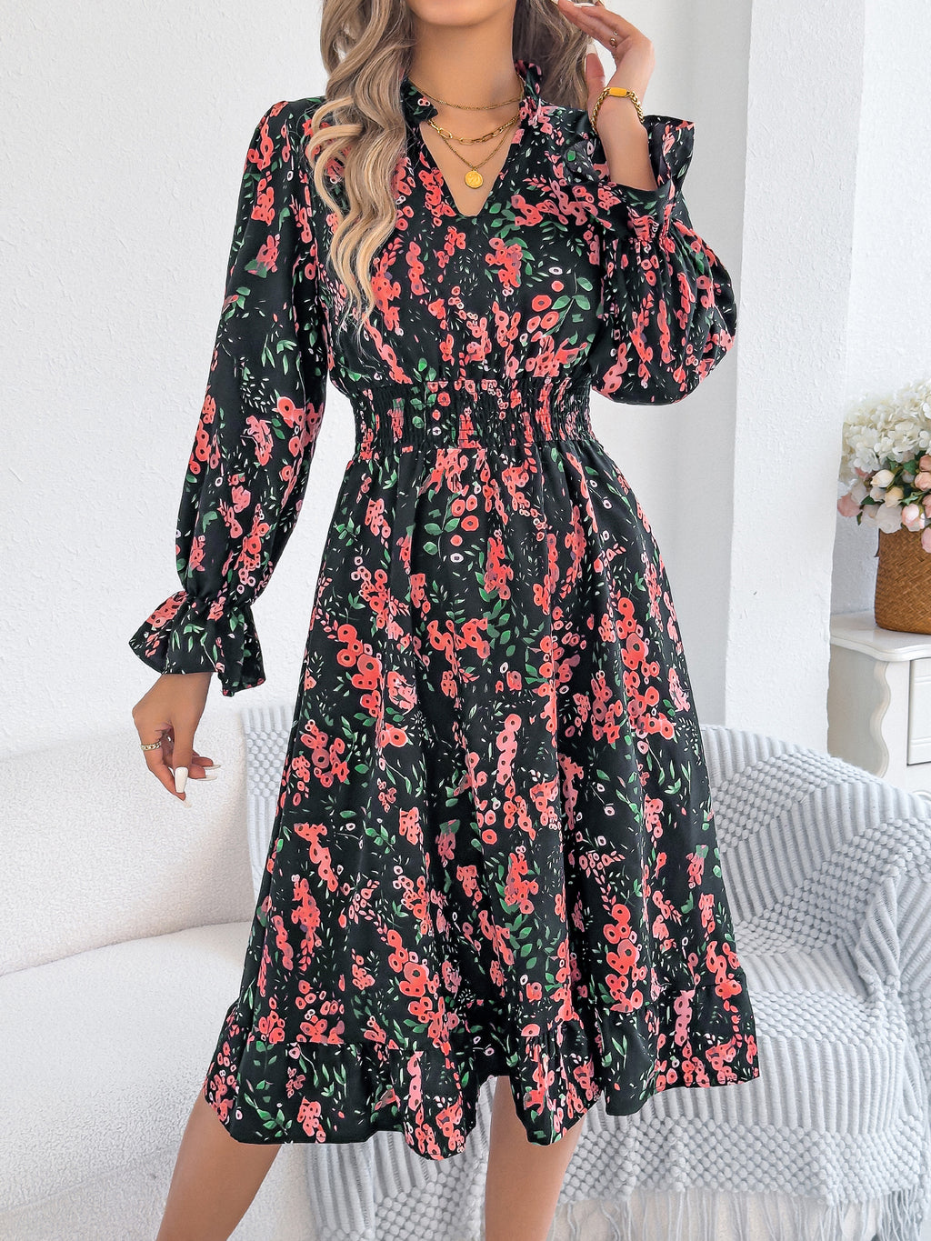 Vestido informal de corte A con estampado floral, mangas acampanadas y cintura anudada para mujer