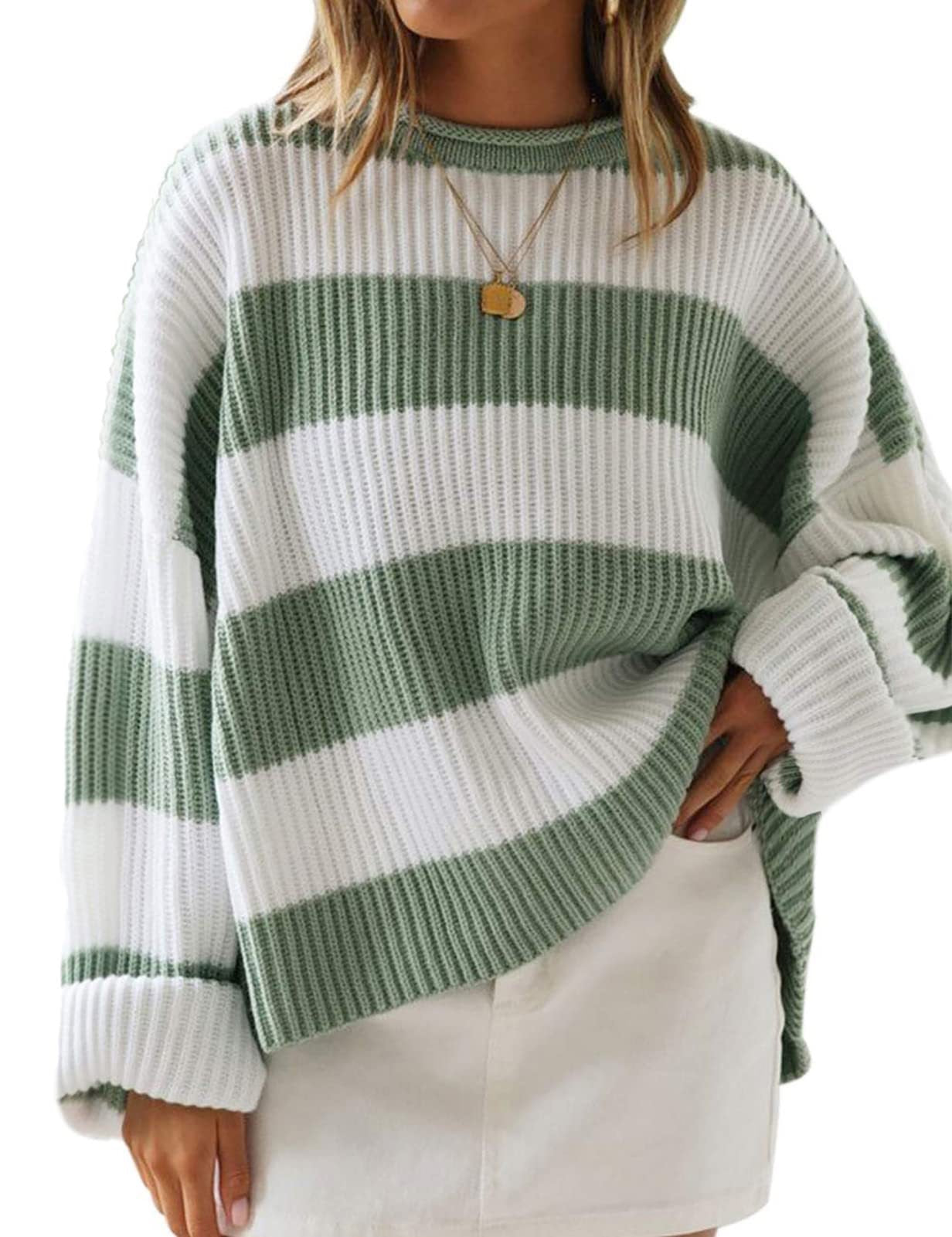 FallWinter Crew-Neck Long Colorblock Striped Knit Sweater