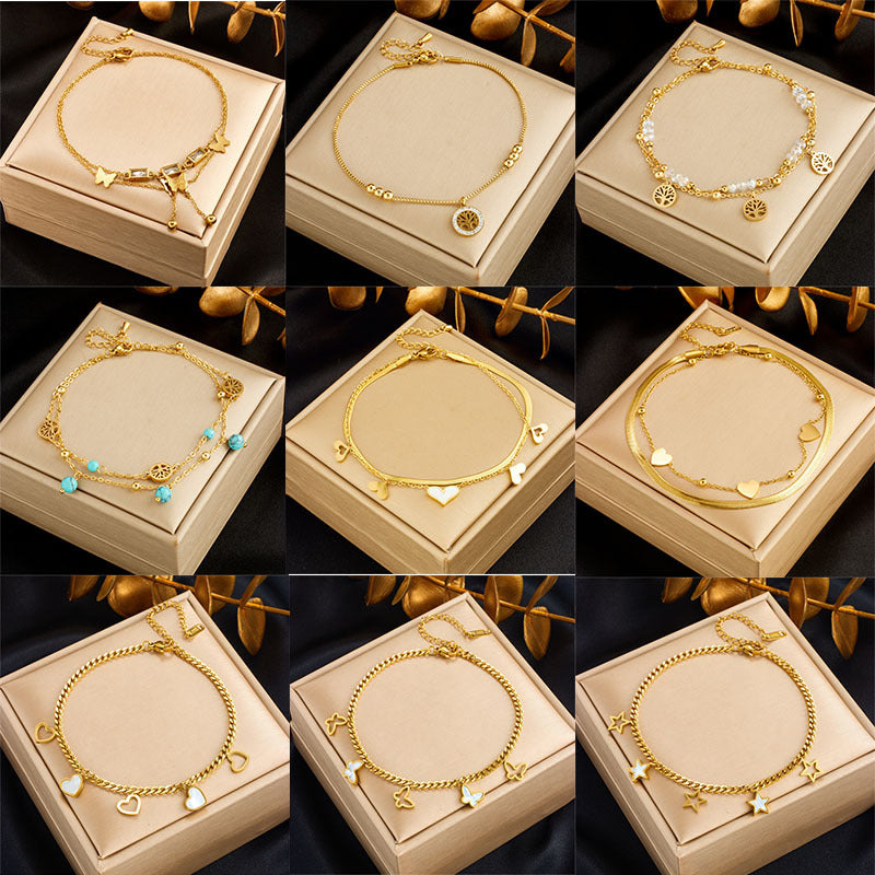 Tobillera de moda para mujer con forma de corazón, concha blanca, árbol de la vida y mariposa