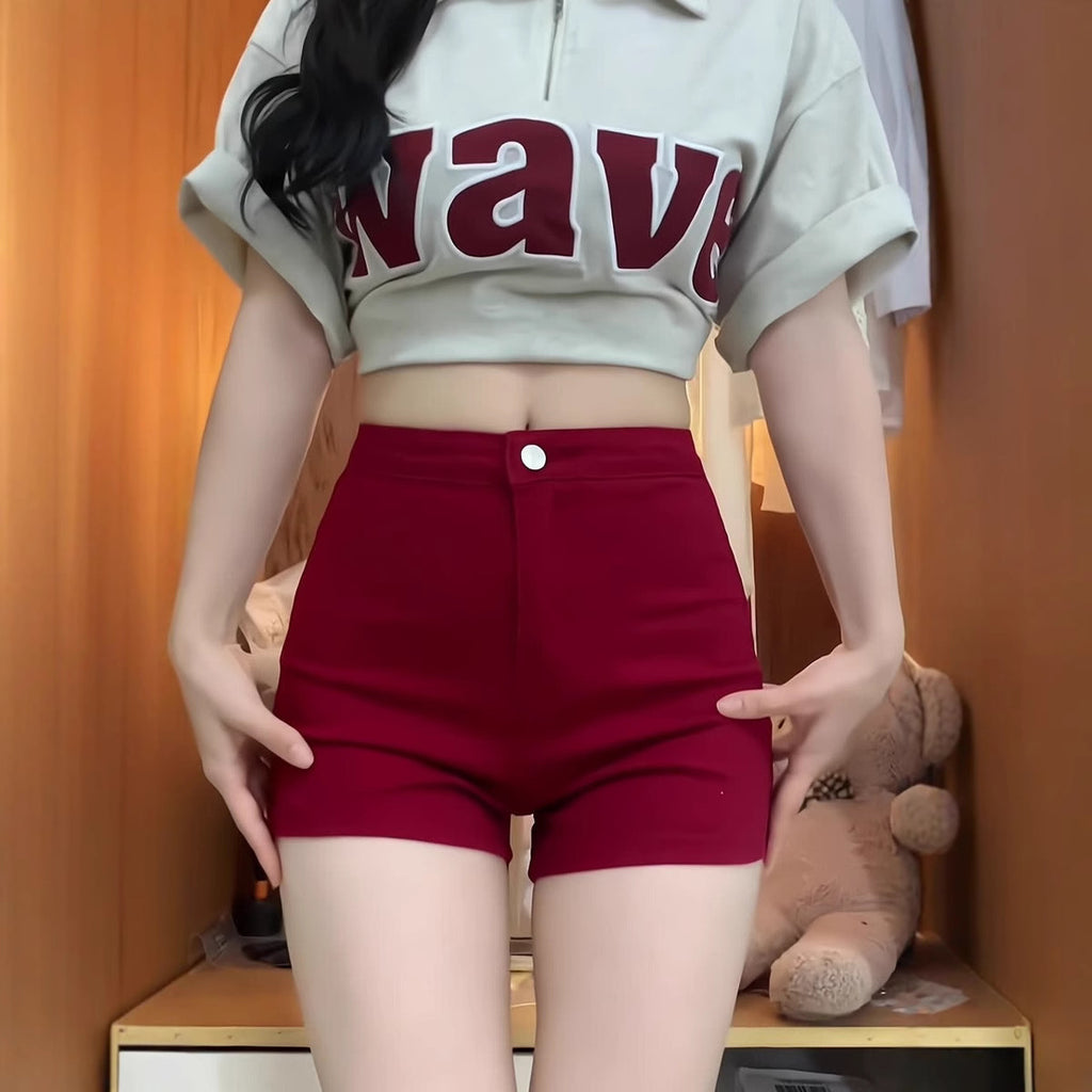 Shorts vaqueros ajustados de cintura alta rojos estilo americano para mujer