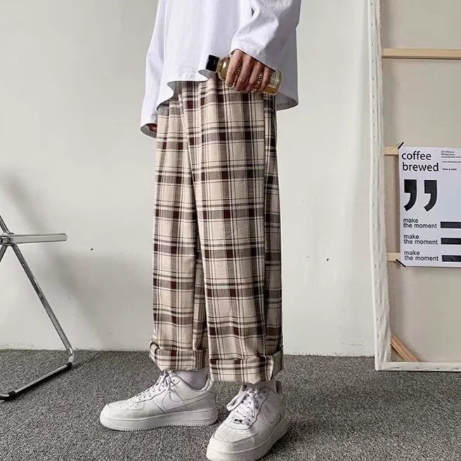 Men's Casual All-Match Loose Plaid Wide-Leg Trousers