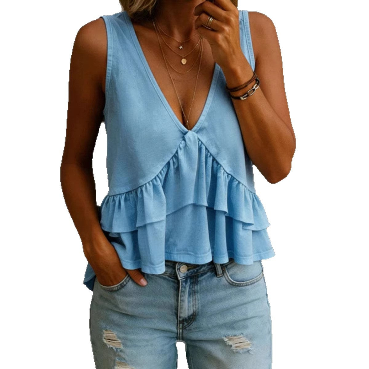 Spring/Summer Womens Solid-Colored V-Neck Ruffled Sleeveless Top Vest