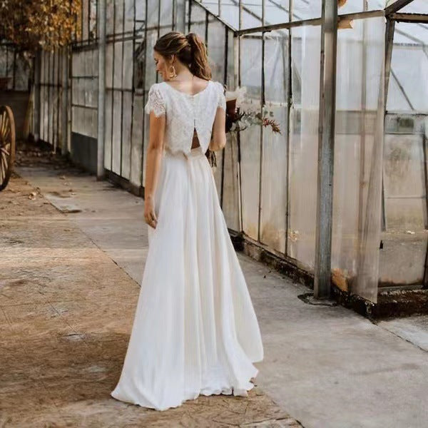 Vestido de novia ligero para fotos de destino, estilo dama de honor de encaje y satén.