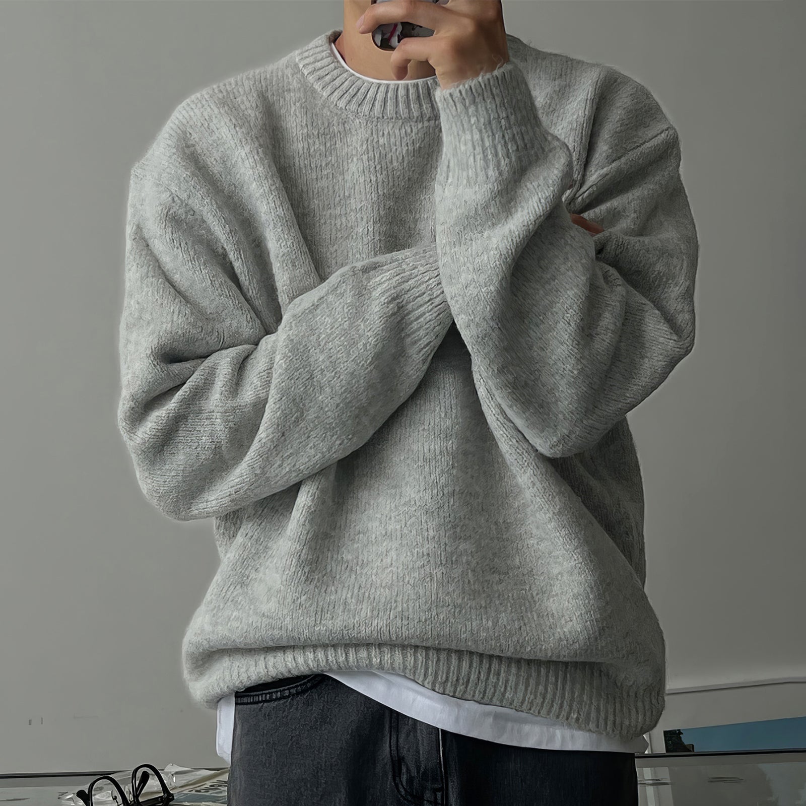 Round-neck Textured Knit Sweater Ideal For Layering Or Wearing On Its Own