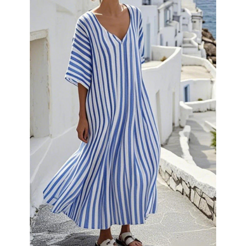 Vestido holgado de manga corta con cuello a rayas para mujer, de moda, talla grande