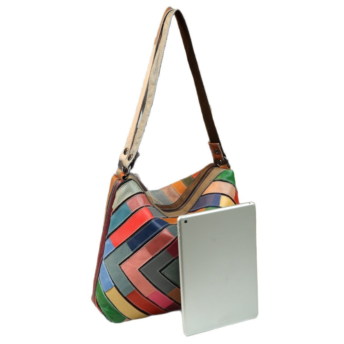 Bolso de hombro colorido con diseño de patchwork de cuero y cuadrícula geométrica