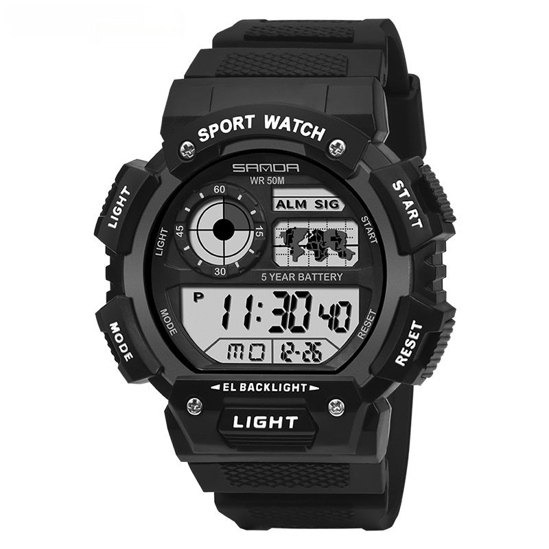 Reloj digital multifuncional, resistente al agua y luminoso de una sola pantalla para deportes.