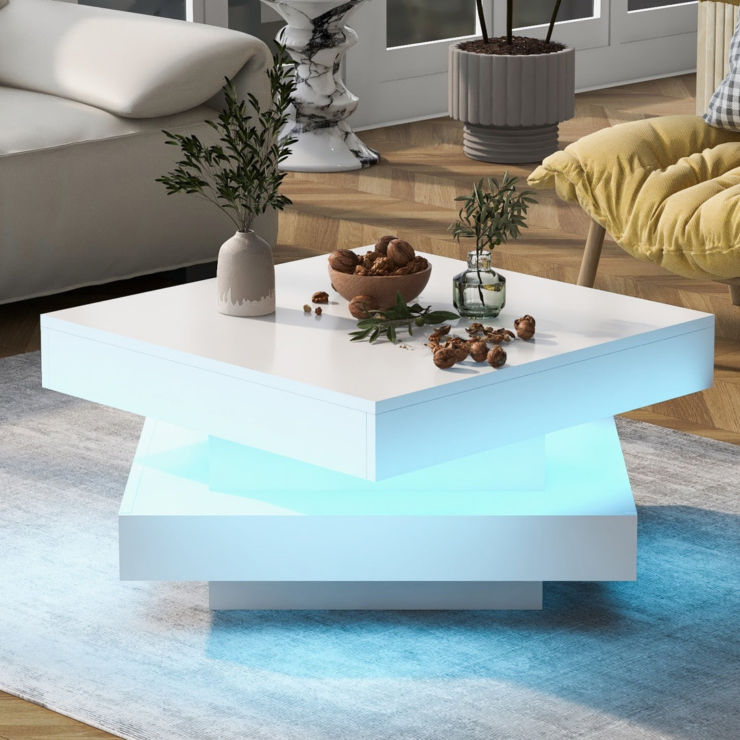 White Square High Gloss Coffee Table With 360 Rotating Top, Tea Table With 16-Color LED Light, 70x70x36 Cm