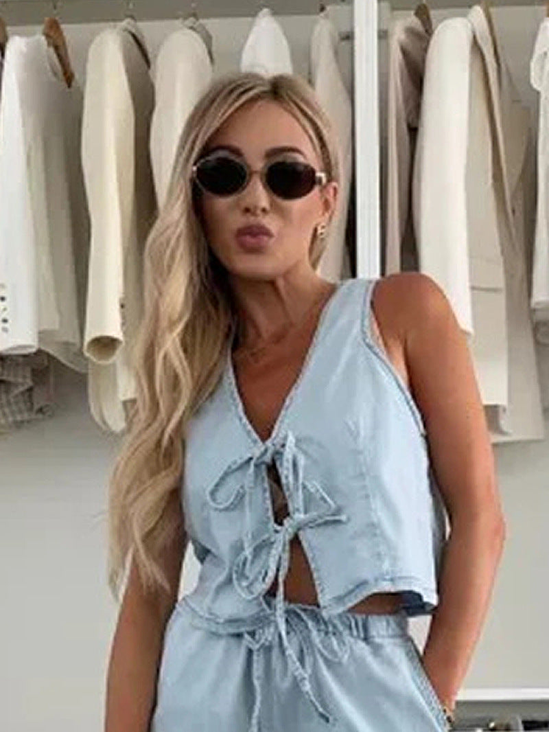 Lace-up Wide-leg Jeans Fashion Denim Set Womens