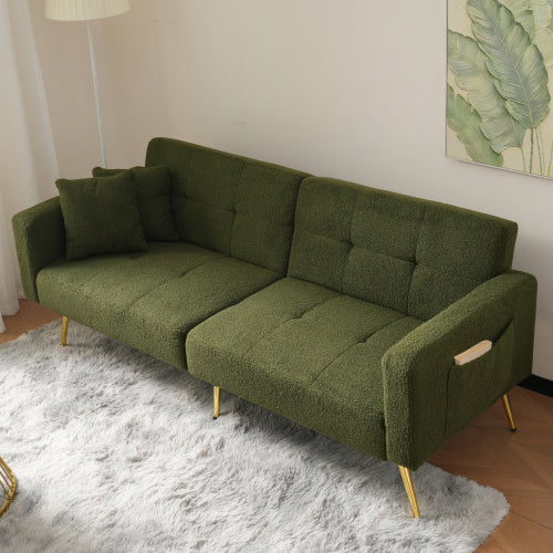 The Sofa Bed Has A Bed Function, Three Adjustable Backrest Angles, Gold Legs, Cushions And Side Storage Pockets.