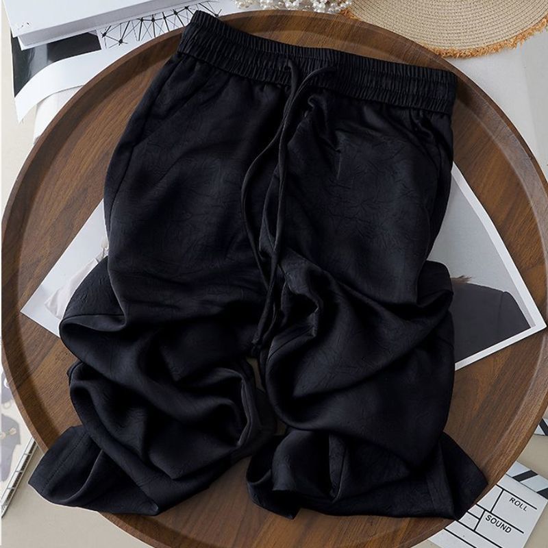 Pantalones de satén jacquard de pierna ancha de seda de hielo estilo chino para mujer