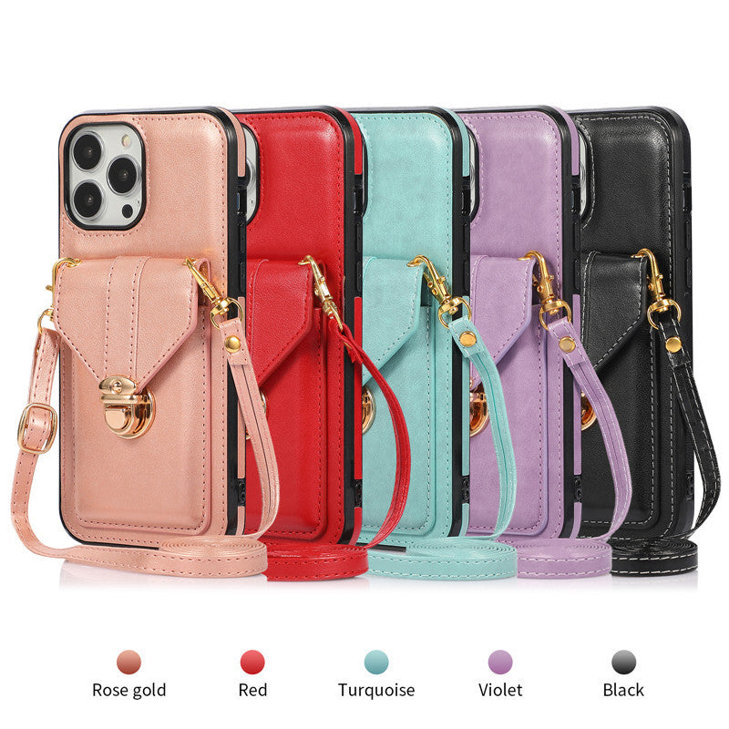 Funda para teléfono móvil con cordón diagonal de cuero con diseño creativo de tarjeta