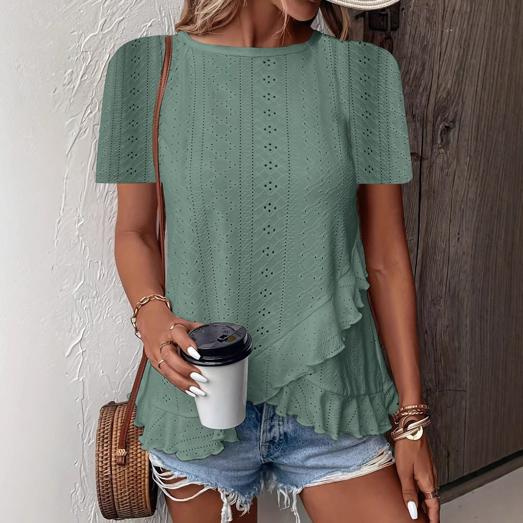 Womens Fashion Casual Solid-color Short-sleeve Crew Neck
