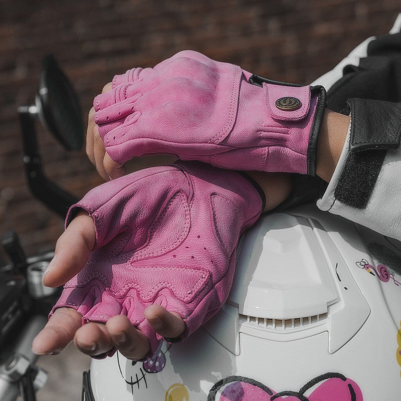 Guantes de moto de cuero vintage de medio dedo