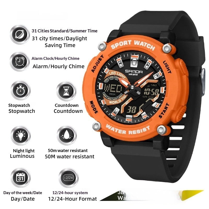 Reloj cronógrafo luminoso de doble pantalla para estudiantes, ideal para senderismo.