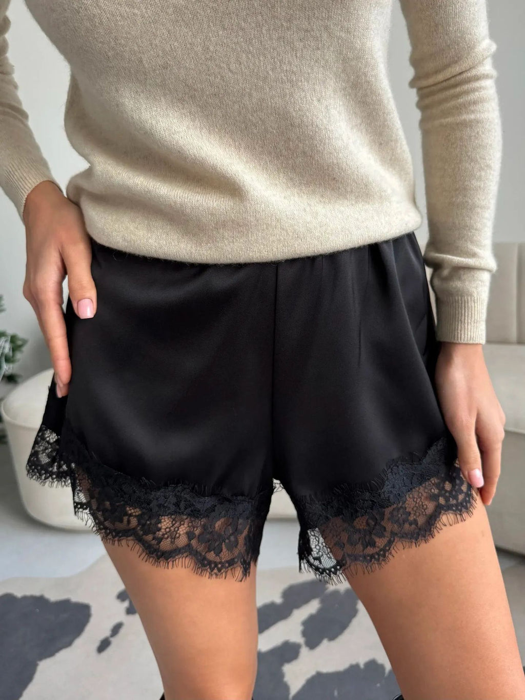 Pantalones cortos con ribete de encaje estampado para mujer