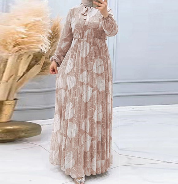 Falda plisada con estampado de hojas para mujer, vestido a la moda que adelgaza la cintura.
