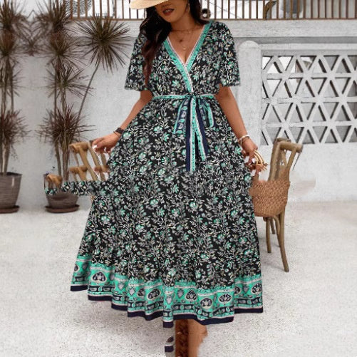 Vestido largo con cuello en V y estampado retro para mujer