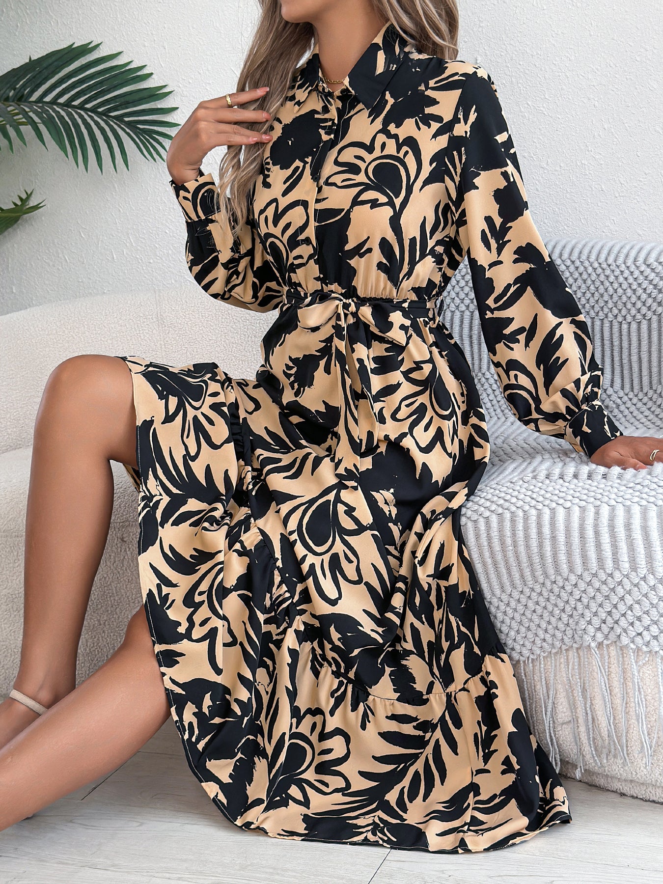Women's Casual Floral Print Long Sleeve Ruffle Hem Shirt Maxi Dress