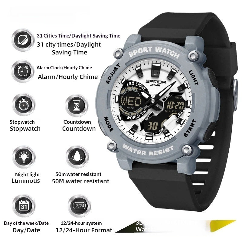 Reloj cronógrafo luminoso de doble pantalla para estudiantes, ideal para senderismo.