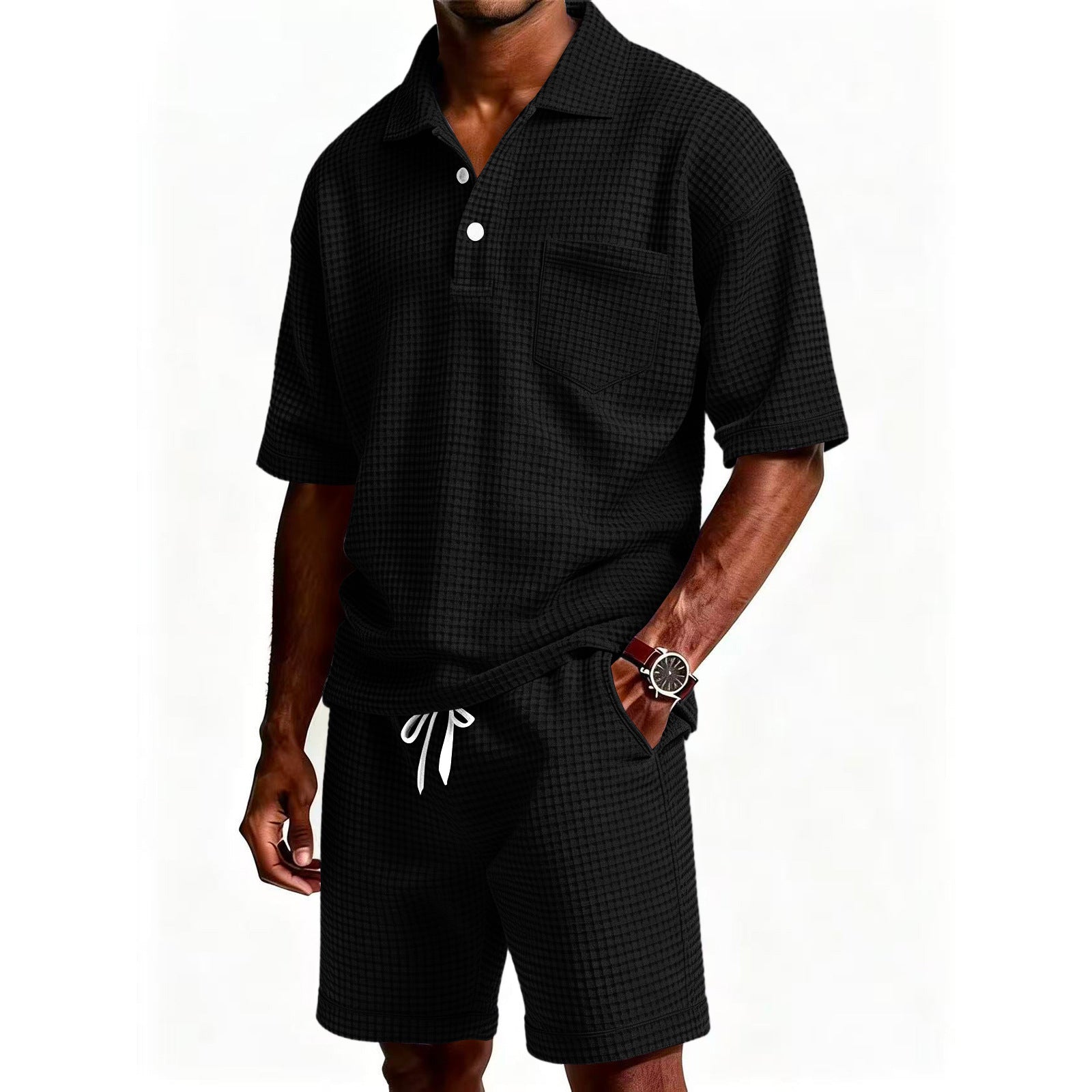 Men's Solid Color Lapel Short-Sleeve Shorts Set