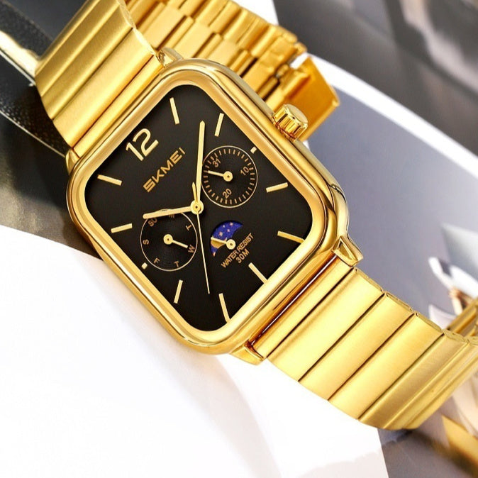 Elegante reloj cuadrado multifuncional con indicador de fase lunar de seis manecillas, diseñado para negocios y resistente al agua.