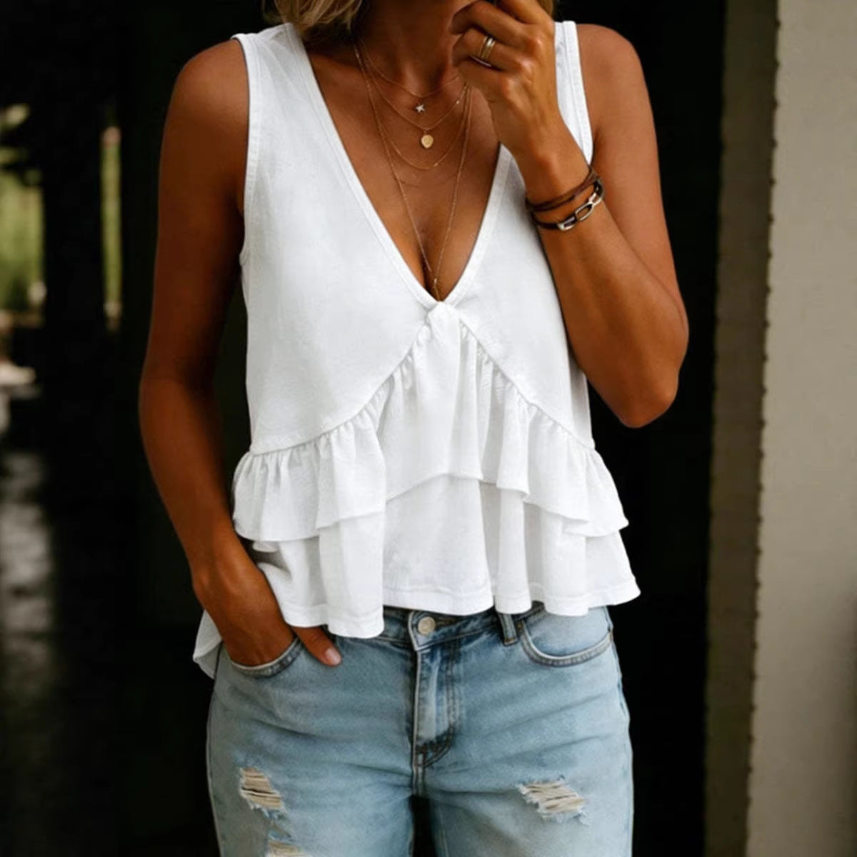 Spring/Summer Womens Solid-Colored V-Neck Ruffled Sleeveless Top Vest