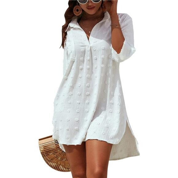 Dress With Three-quarter Sleeves Solid Color Sun-protective Beach Cover-up