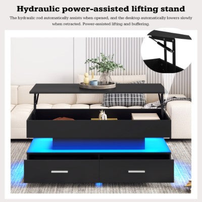 Mesa de centro con elevación hidráulica, mesas de centro LED con almacenamiento para sala de estar, mesa de centro con 2 cajones y luz LED para comedor y sala de recepción, color negro