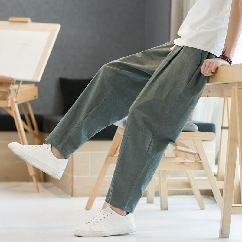 Pantalones casuales de corte recto y holgados de algodón y lino para hombre