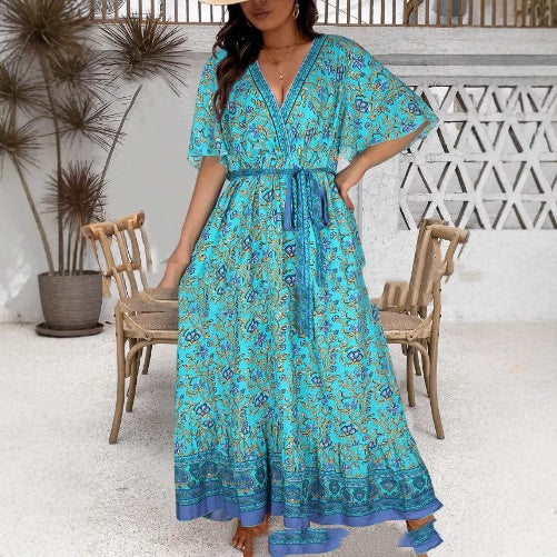 Vestido largo con cuello en V y estampado retro para mujer