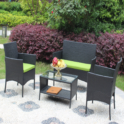 Juego de 4 muebles de patio de ratán con asiento acolchado para exteriores, sofá de mimbre con cojín verde