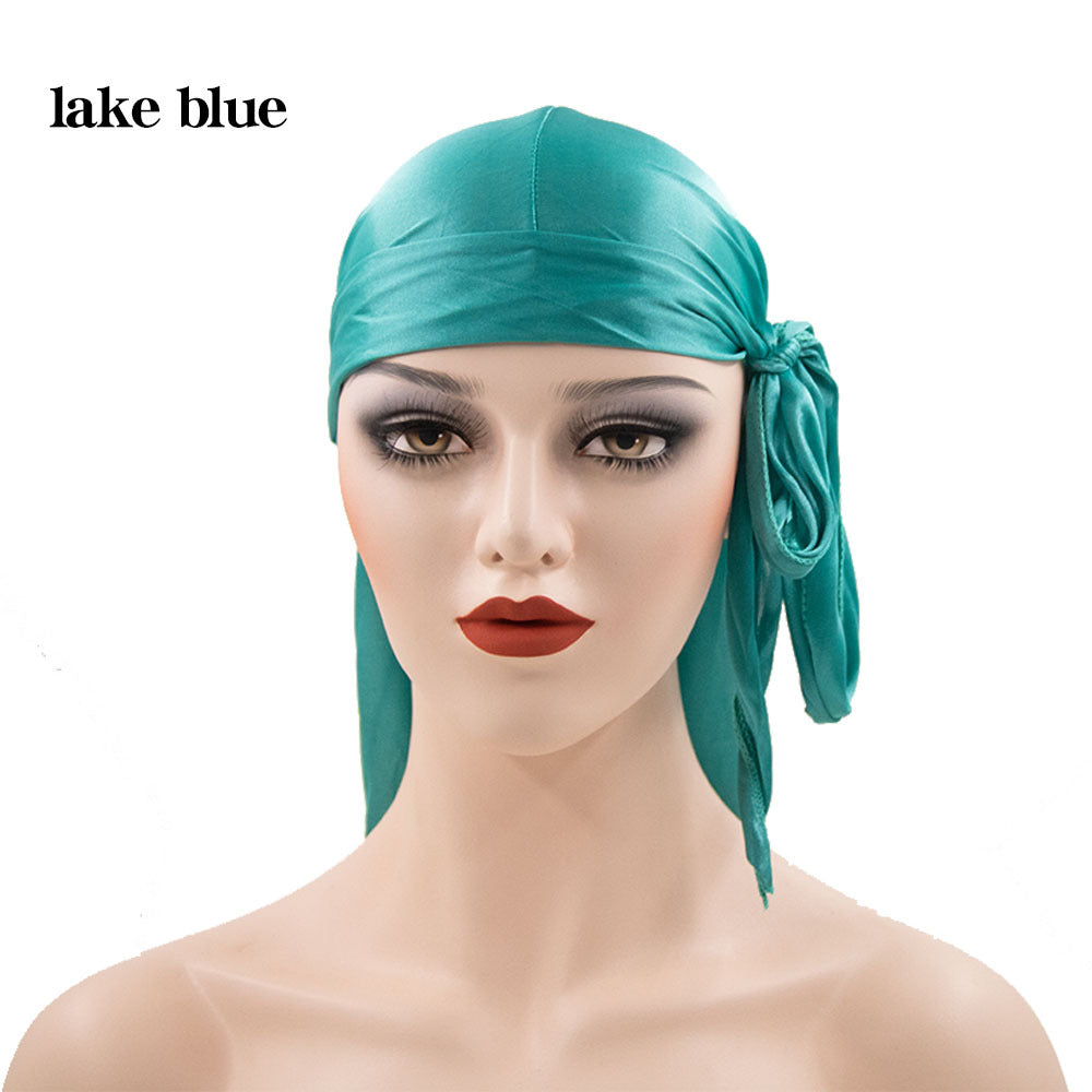 Gorro pirata elástico de cola larga de satén unisex y turbante hip hop para hombre y mujer, bandana elástica para disfraz y moda.