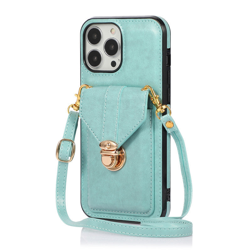 Funda para teléfono móvil con cordón diagonal de cuero con diseño creativo de tarjeta