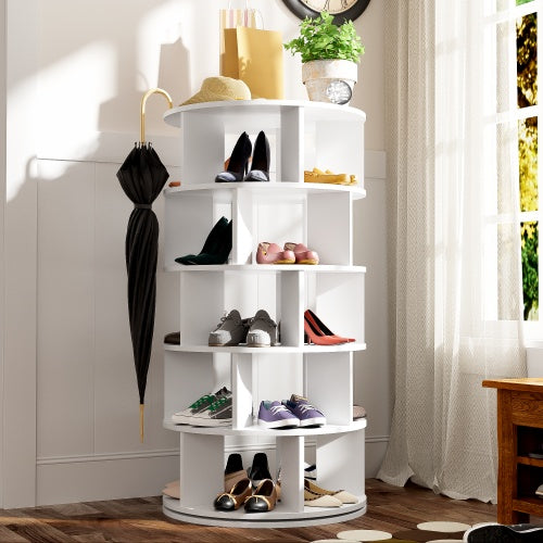 Zapatero giratorio, redondo, blanco, 5 niveles, altura 115 cm, ancho 60 cm