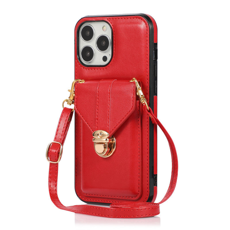 Funda para teléfono móvil con cordón diagonal de cuero con diseño creativo de tarjeta
