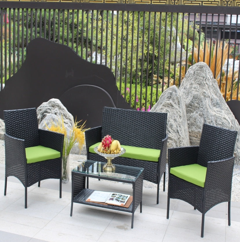 Juego de 4 muebles de ratán para patio, sofá de mimbre para exterior con cojines verdes