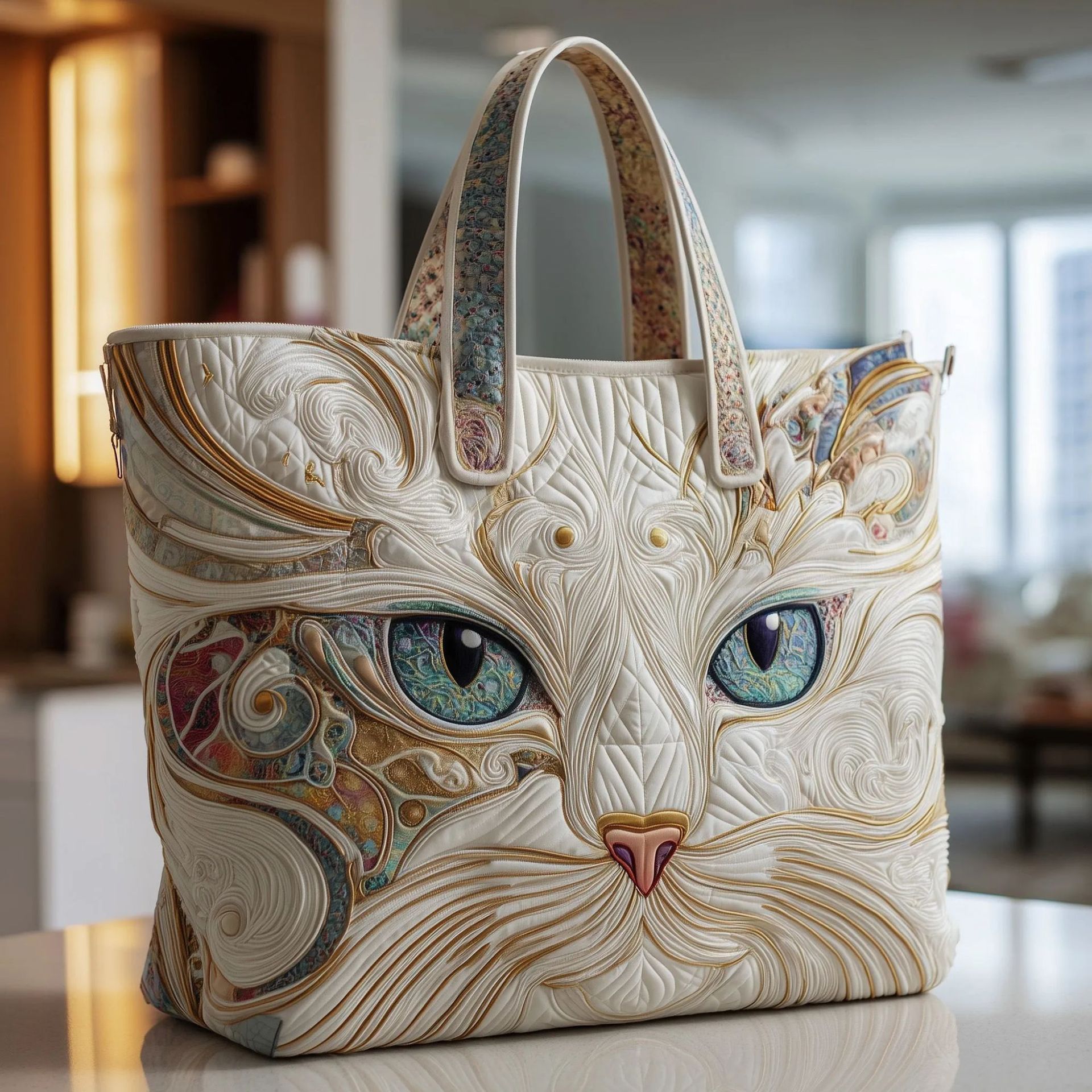 Bolso tote creativo de gran capacidad con impresión digital y bordado acolchado.