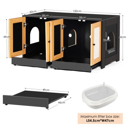 Recinto para arenero doble, para 2 gatos, mueble oculto con puertas de ratán, 121 cm de largo x 59 cm de ancho x 55 cm de alto, color negro