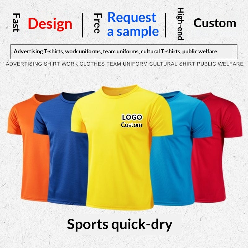 Camiseta de secado rápido con cuello redondo y mangas cortas, ideal para promociones o eventos culturales.