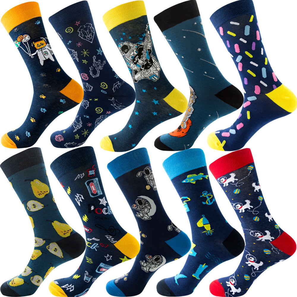 Calcetines de otoño para hombre con estampado de rombos y temática navideña de animales y frutas.